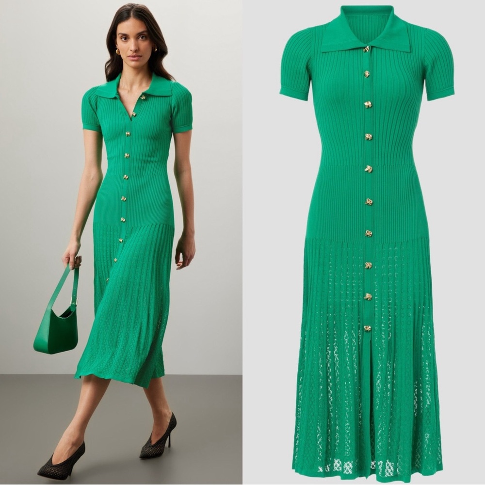 Sandro Lorel Ribbed Pointelle Knit Maxi Dress Size XS Vibrant Kelly Green